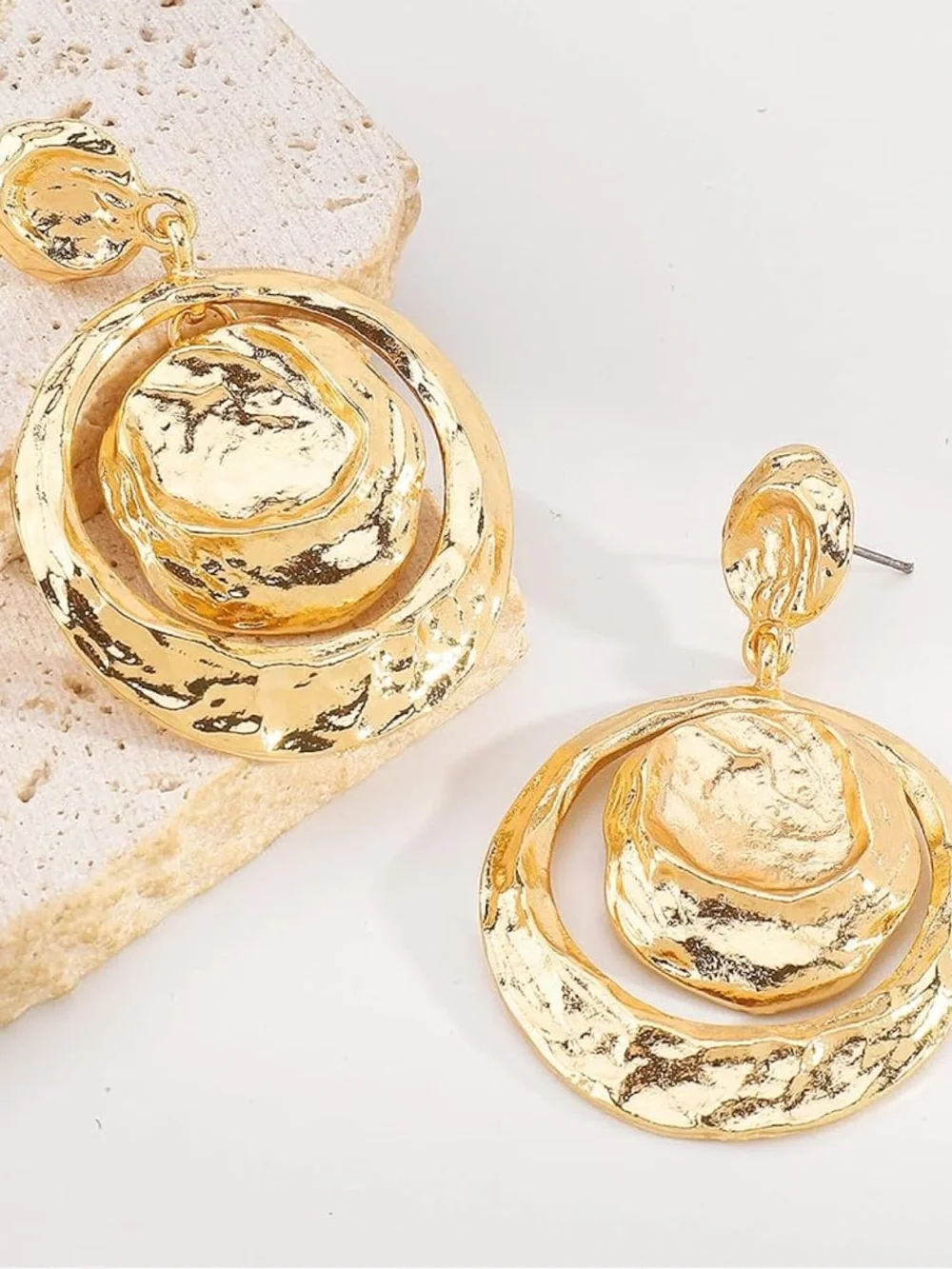 Zara Hammered Gold Double Hoop Drop Earrings